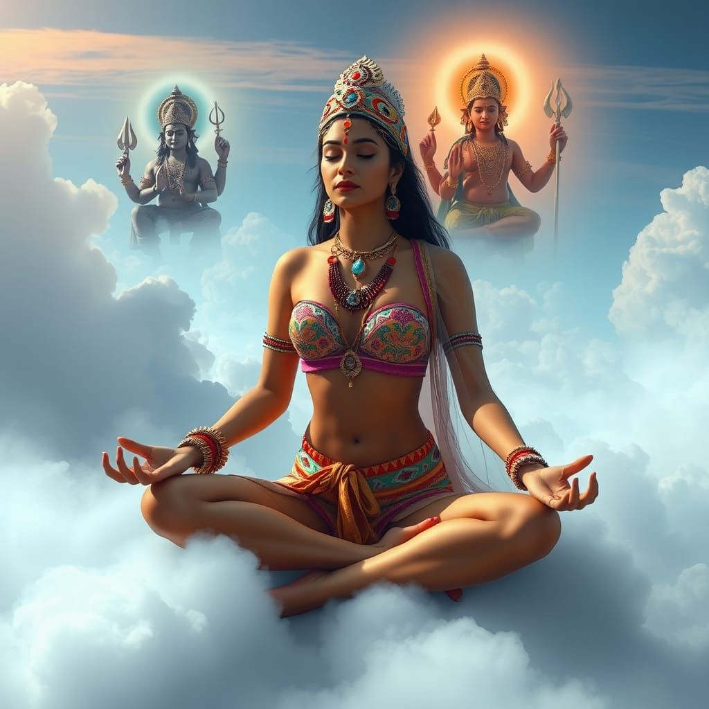 Meditating Indian Woman with Brahma in Sky Town