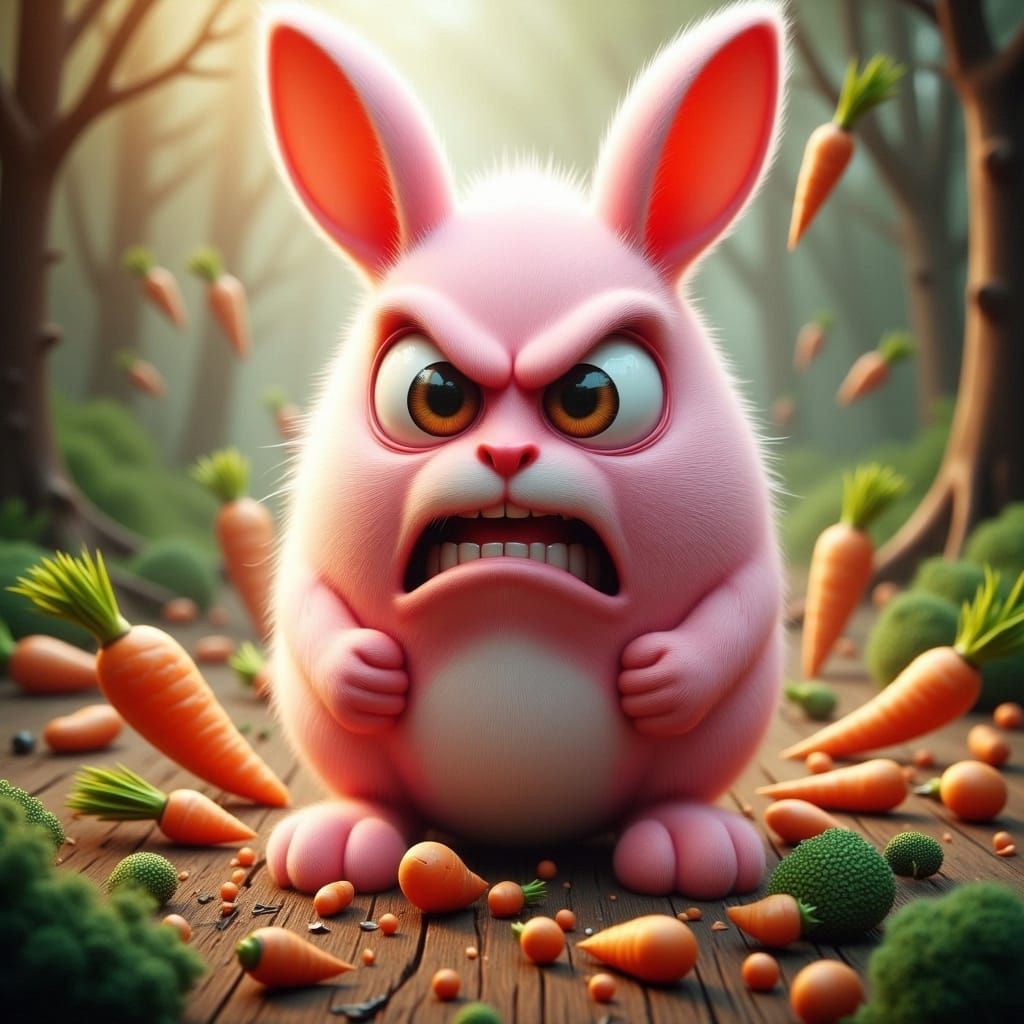 Angry Pink Rabbit Foraging in the Woods