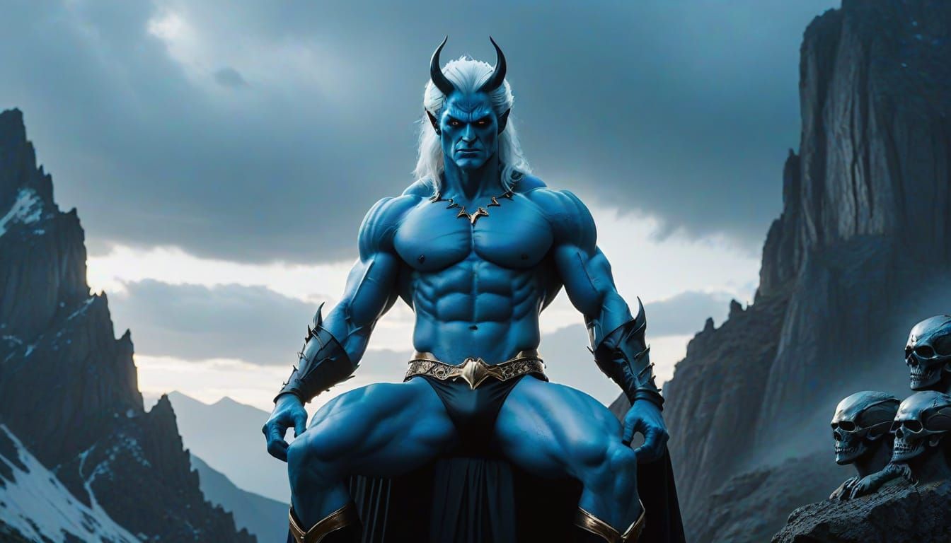 Blue Skinned Demon on Gothic Throne, Comic Art