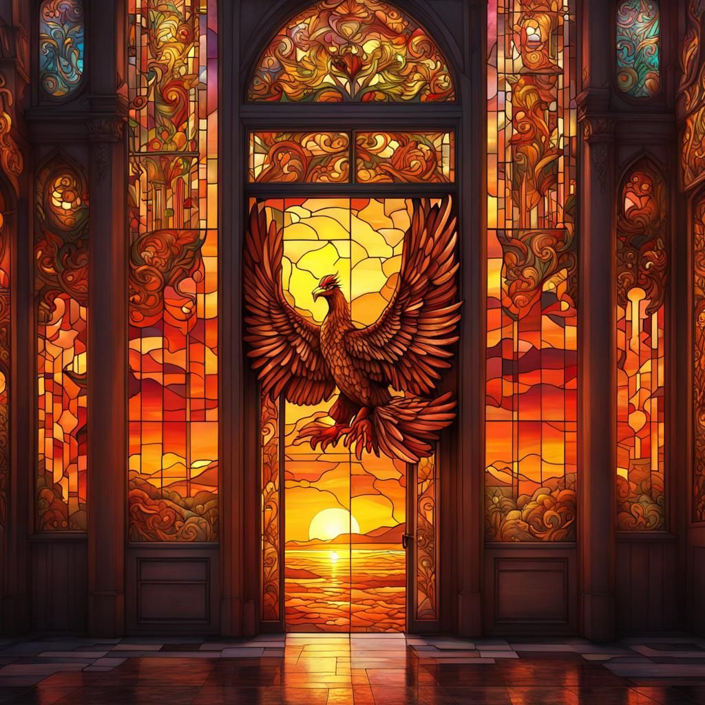 Phoenix Sunset Stained-Glass Doorway: Digital Matte Painting