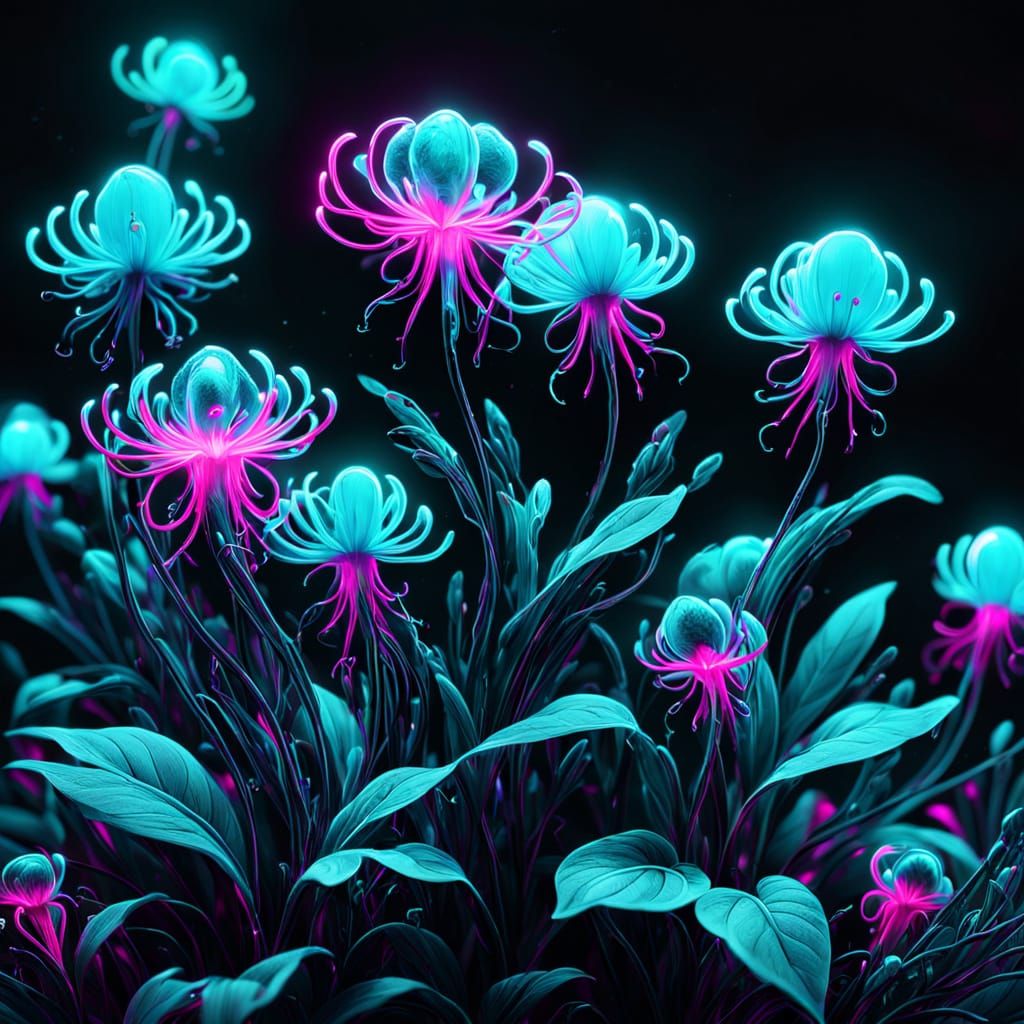 Bioluminescent Extraterrestrial Flora in Neon Noir Style