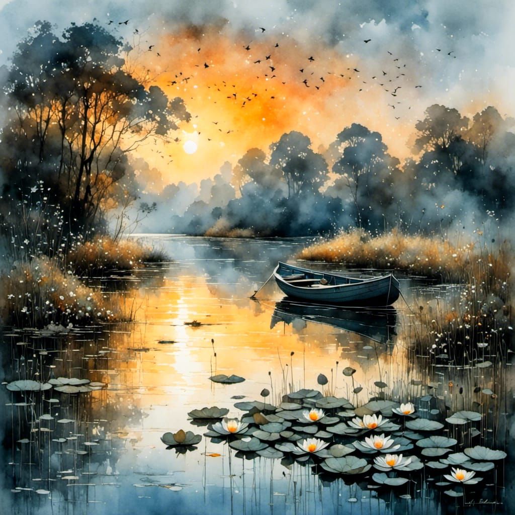 Tranquil Lake Sunset in Watercolor Style