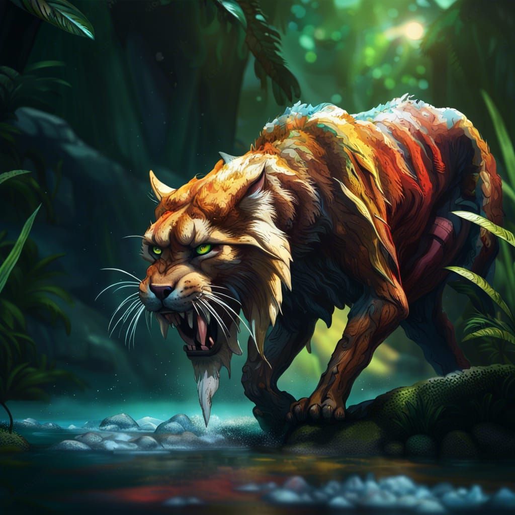 Saber-Toothed Cat on the Hunt: Hyperrealistic Splash Art