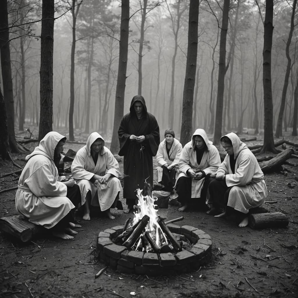 Monochrome Gathering in Rainy Woods