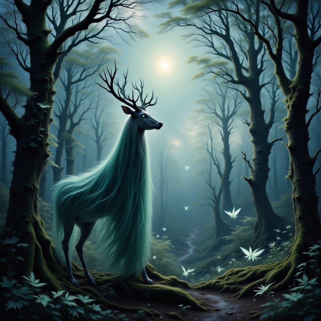 <lora:Photogram Dreams:1.0> <lora:Crazy 2:1.0> <lora:Faefortas FX:1.0> <lora:Psychopomp:1.0> Imagine a ghostly stag, rad...