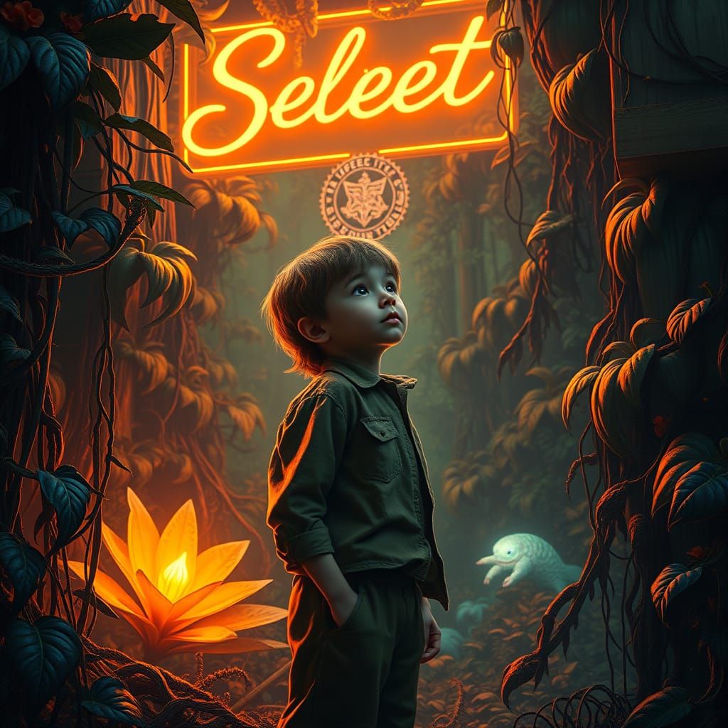 Child in Iridescent Alien Forest, Surreal Magical Realism