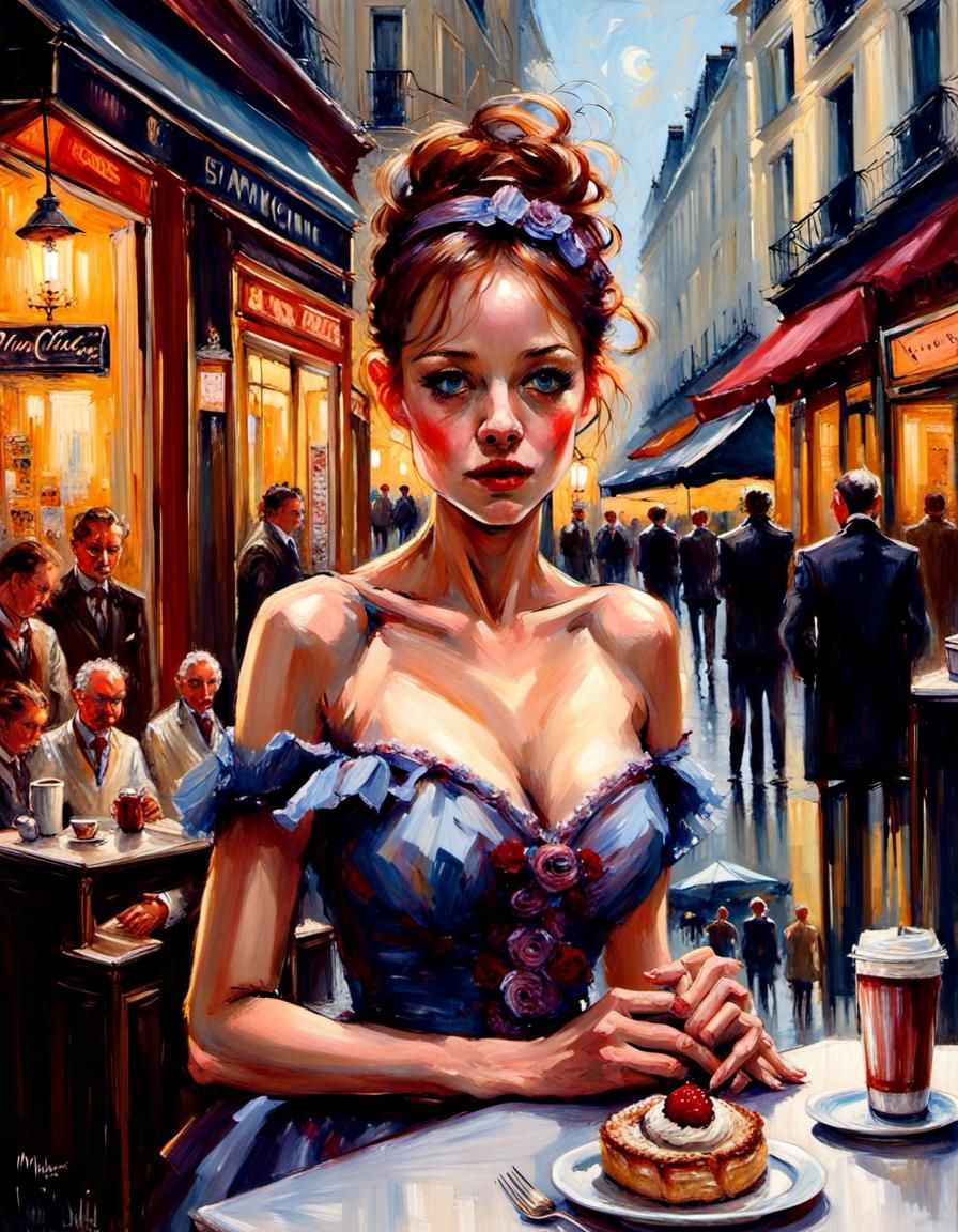 "vivacious woman, elegant evening dress, Parisian charm, cozy small cafe, bustling streets, romantic atmosphere, dimly l...