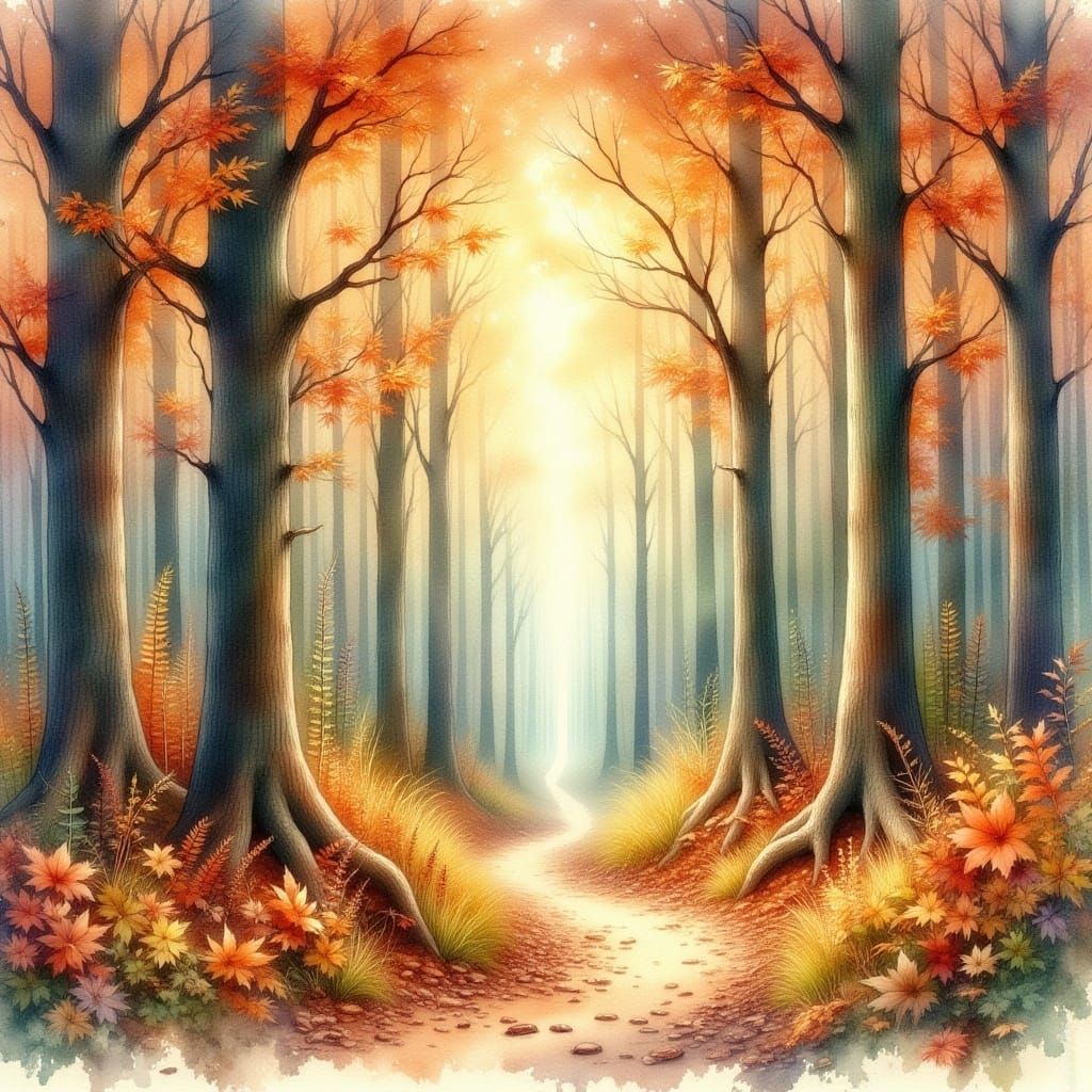 Watercolor Fall Forest on Parchment