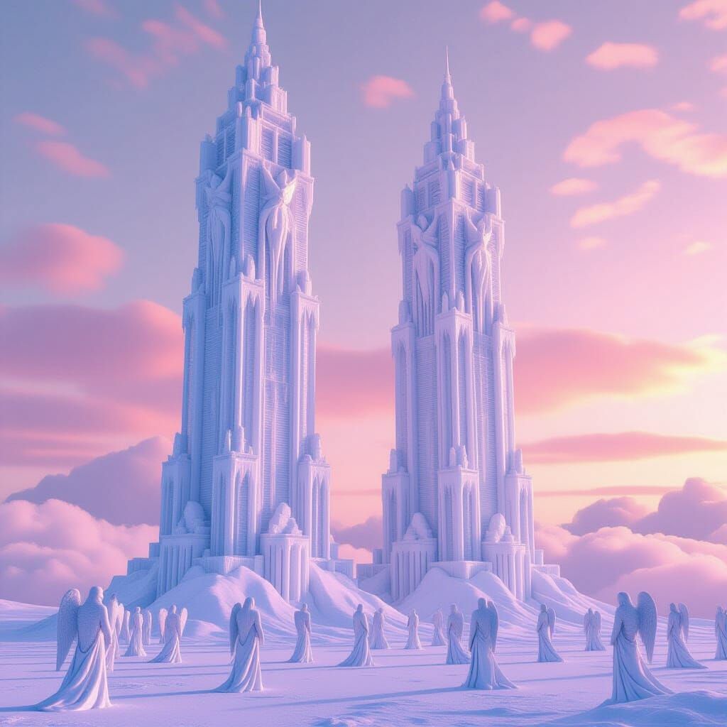 Ice Sculpted Twin Towers and Angels in Dystopian Sky