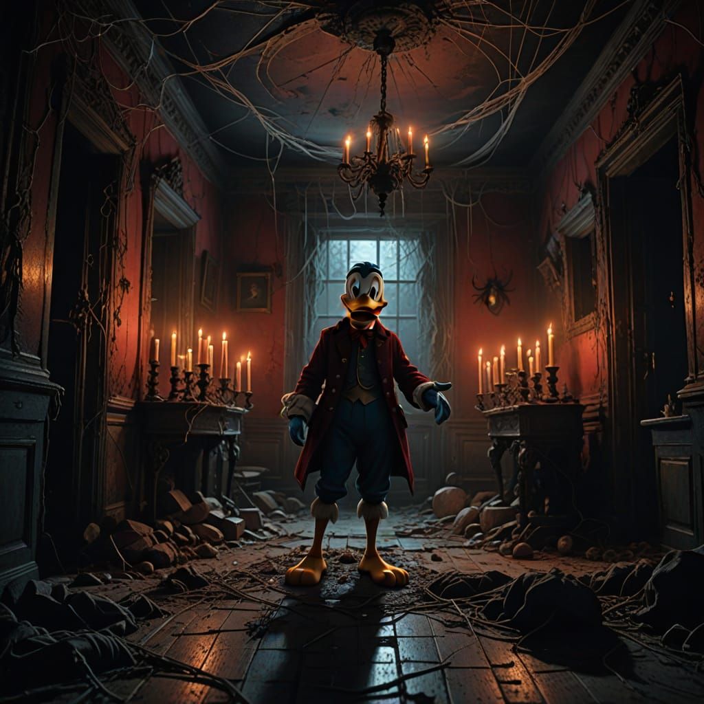 Donald Duck in a Haunting Dark Fantasy Mansion