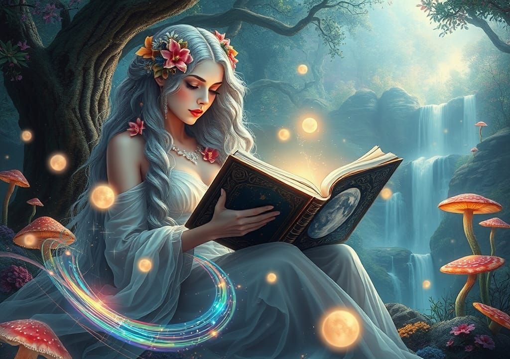 Mystical Woman Reading Ancient Tome in Enchanted Forest