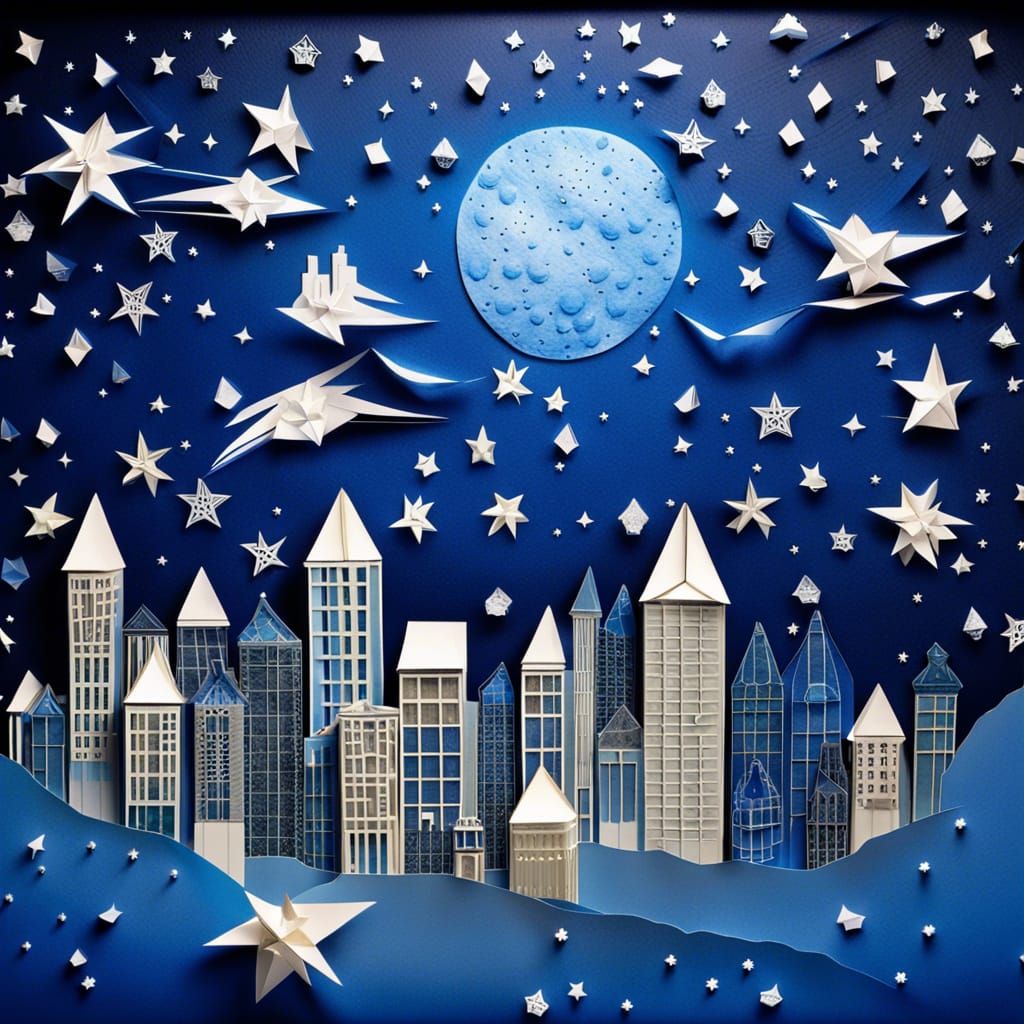 Vellum Paper Origami City in Winter Night