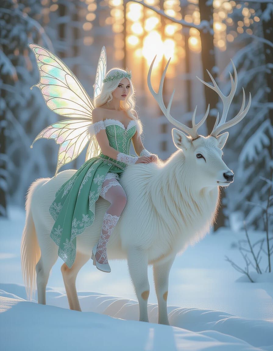 Iridescent Fairy Woman on Stag in Winter Forest