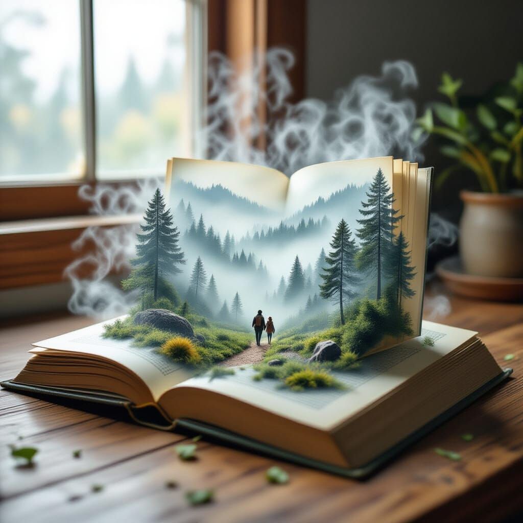 Surreal Storybook Forest Spills onto Desk in Painterly Style