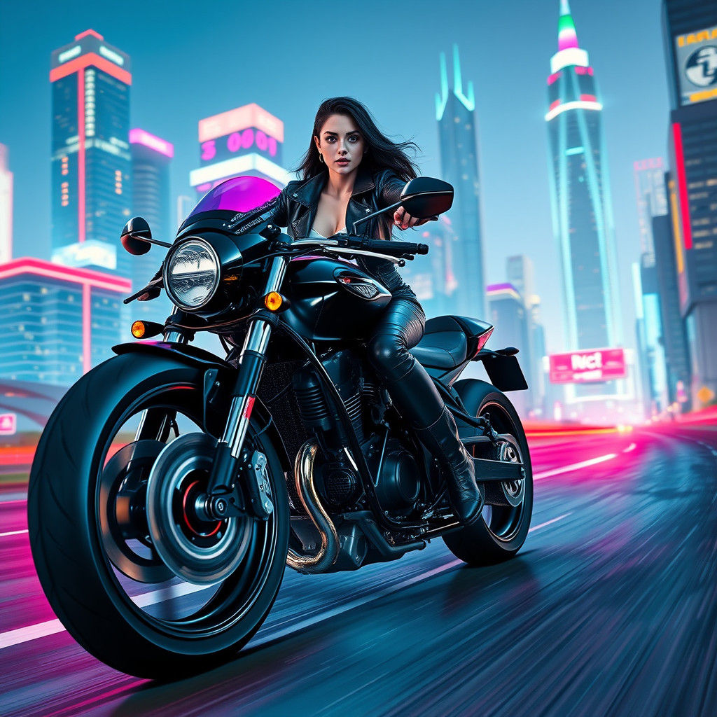 Woman on Motorcycle in Futuristic Cityscape
