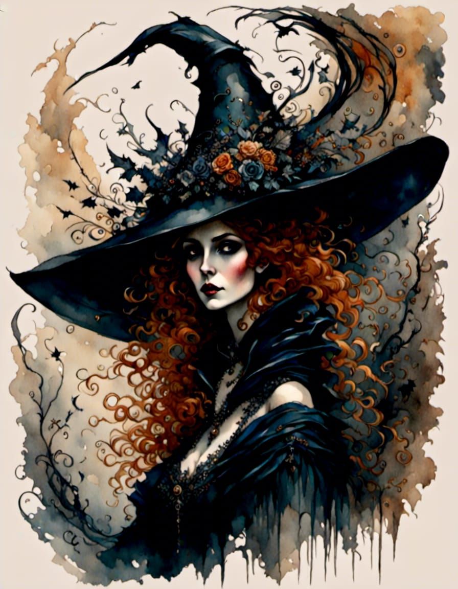 Whimsical Witch Portrait in Watercolor Style