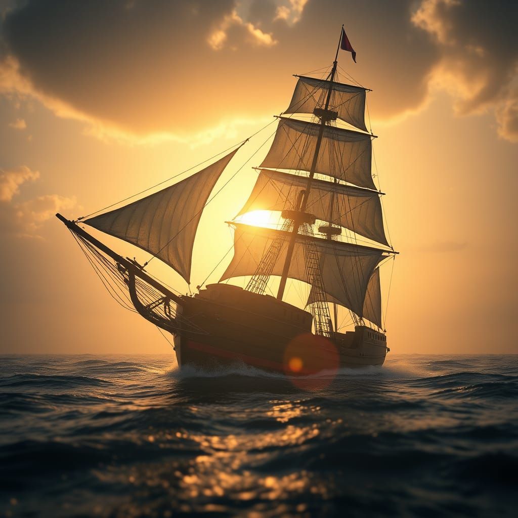 Hyperrealistic Sailing Ship at Sunrise in Dramatic Light