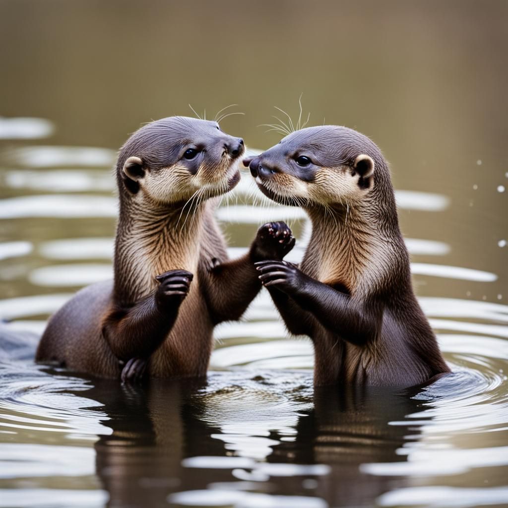 Two playful baby river otters