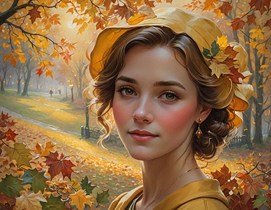 Woman in Yellow Cloak in Autumnal Forest