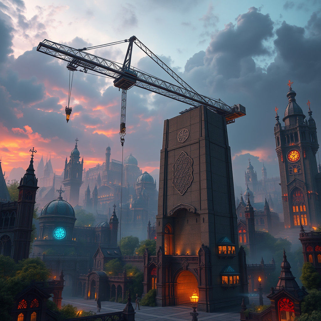 Crane Lifts Mystical Blocks in Gothic Cityscape