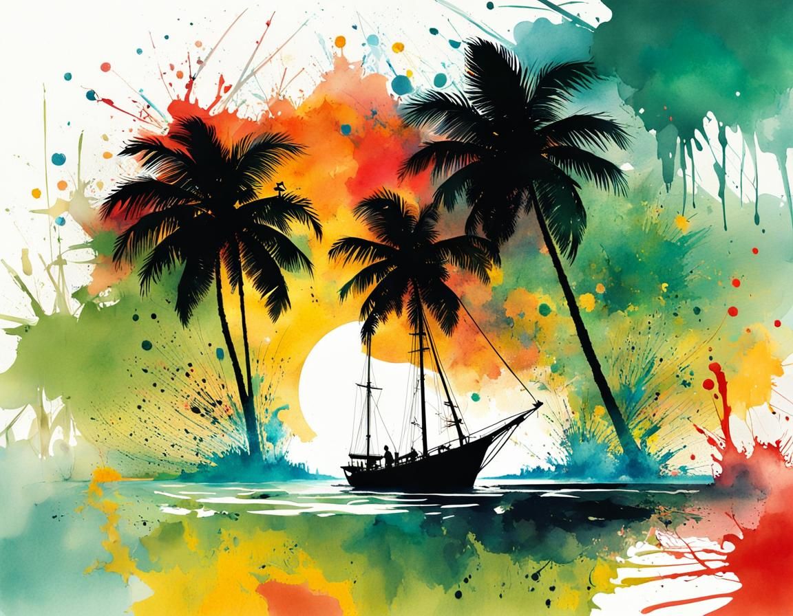 Tropical Island Silhouette in Watercolor Splash Art