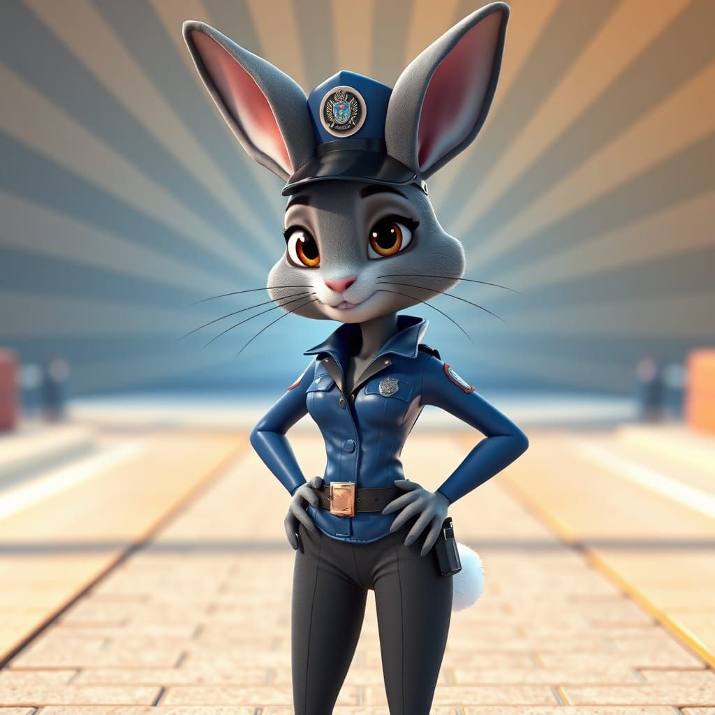 Confident Gray Rabbit Police Officer in Blue PVC Uniform
