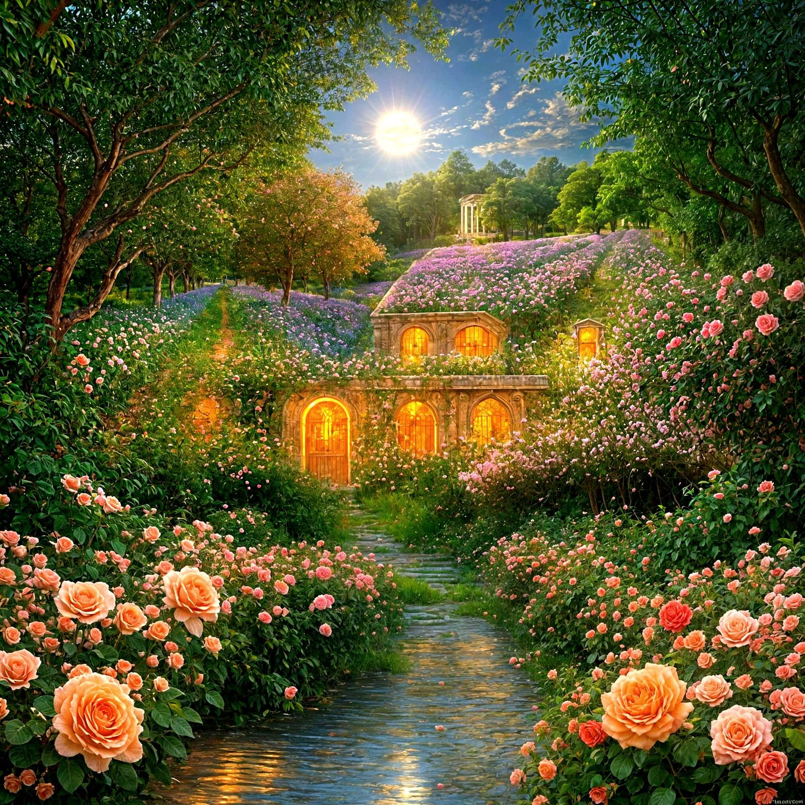 A Serene Garden Scene in Impressionist Style