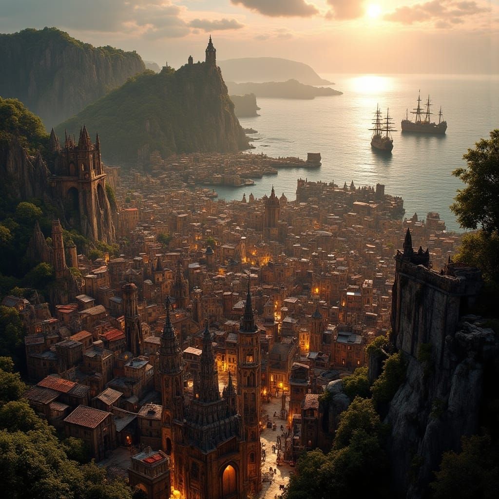 Ancient Coastal City at Sunrise in Steampunk Style
