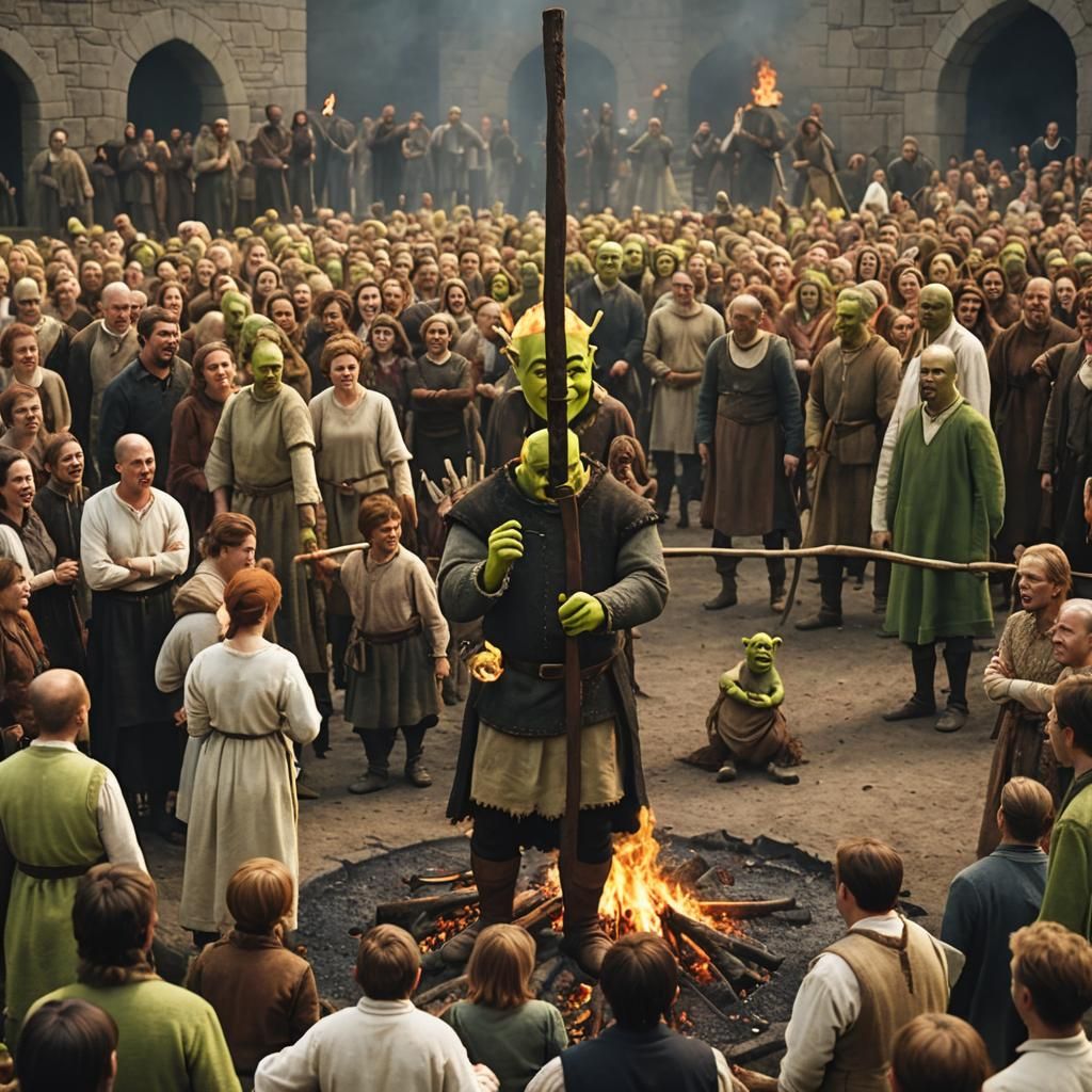 Shrek Burning at the Stake with Onlookers