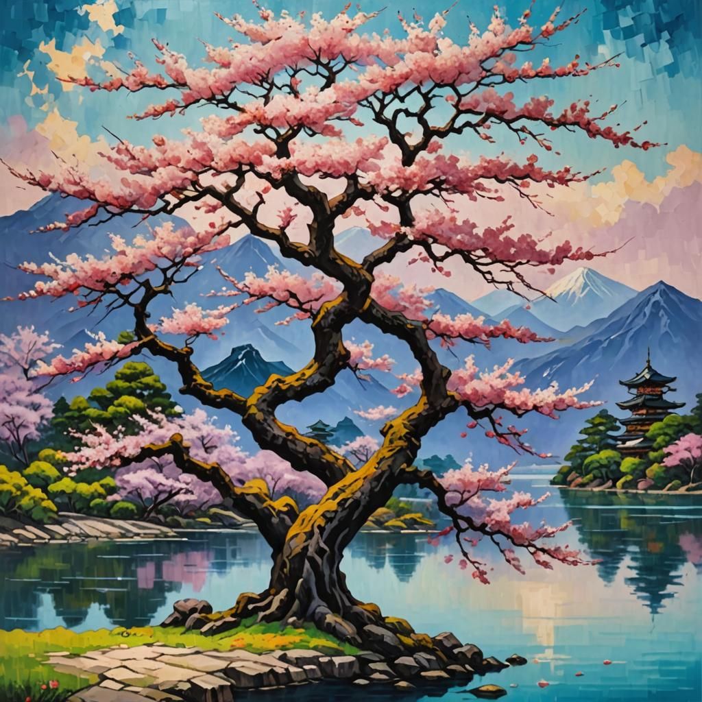 Sakura Tree by Lake: Neo-Impressionist Oil Painting