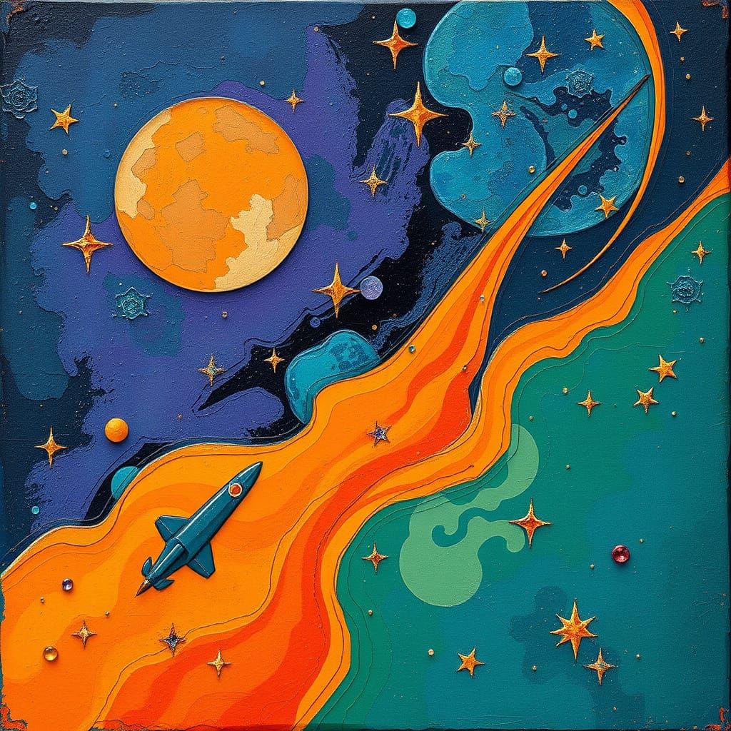 Vibrant Old Sci-Fi Digital Collage in Folk Art Style
