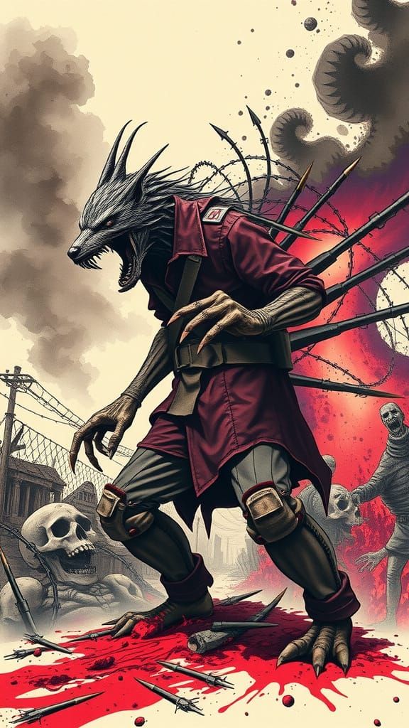 Humanoid figure with hyena head, razor-clawed hands, and spi...