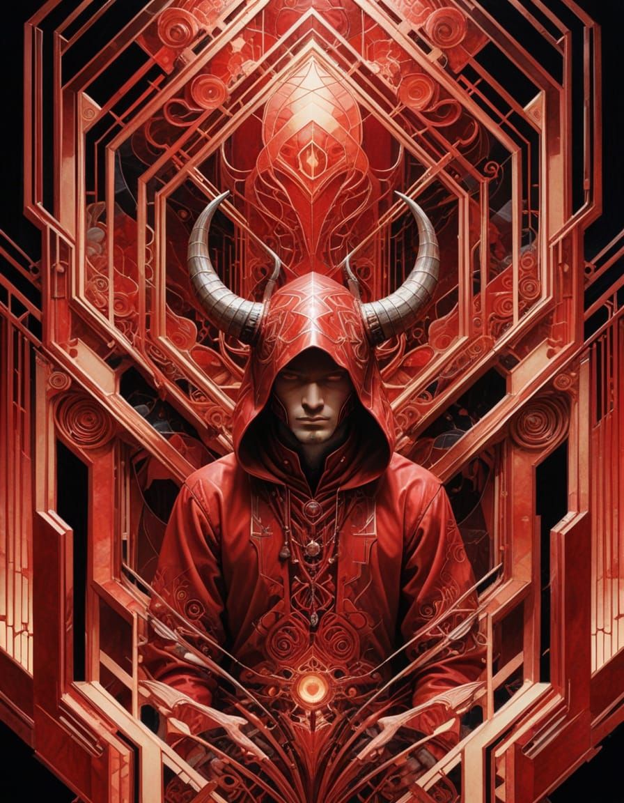 Monochromatic Red Fantasy Masterpiece in Intricate Watercolo...