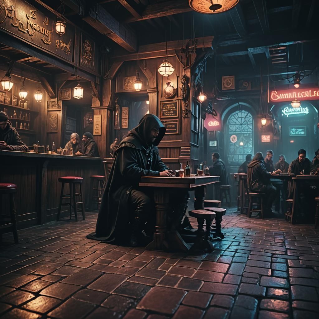 Cyberpunk Tavern: Hooded Figure in Medieval Setting