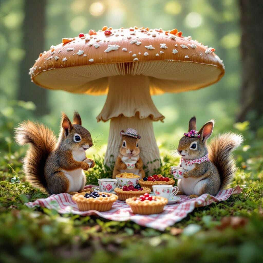 Enchanted Forest Picnic with Squirrels and Bunny