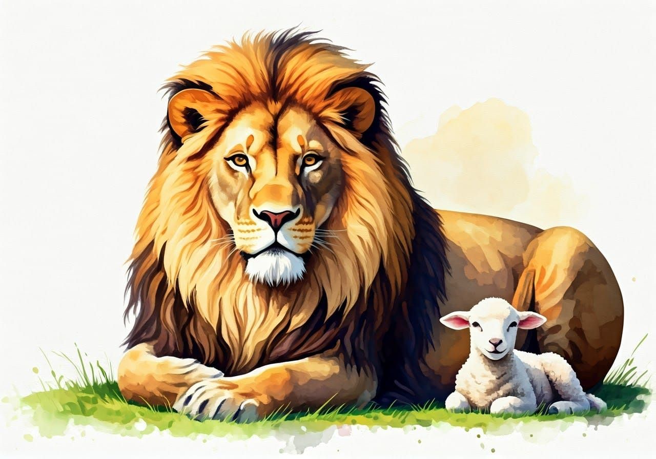 Lion and Lamb in Watercolor Portrait