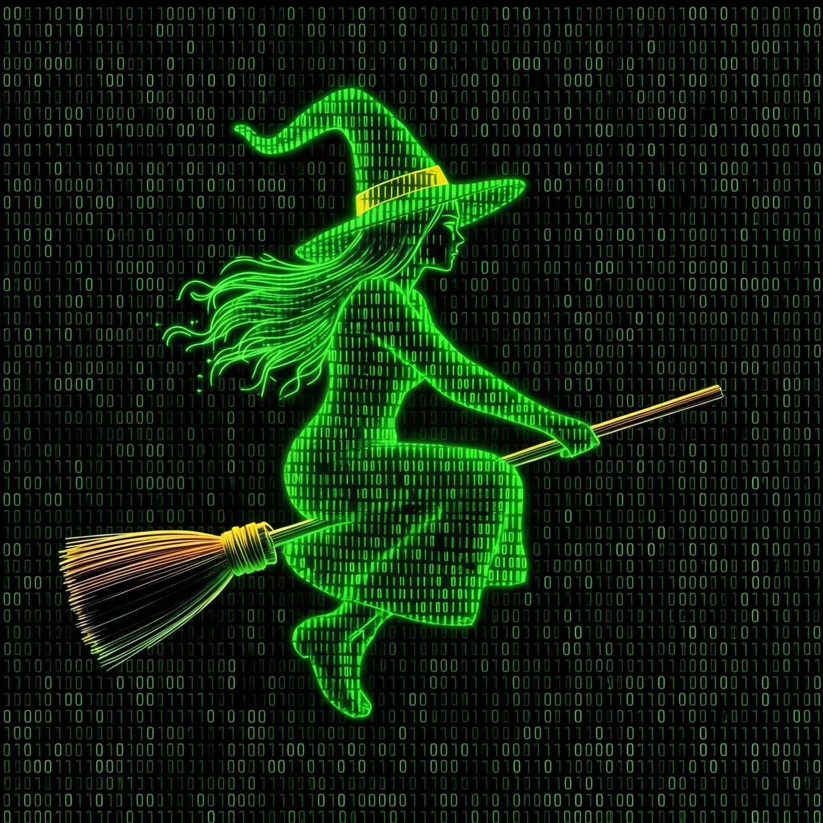 Witch Flying on Broomstick as 3D Hologram