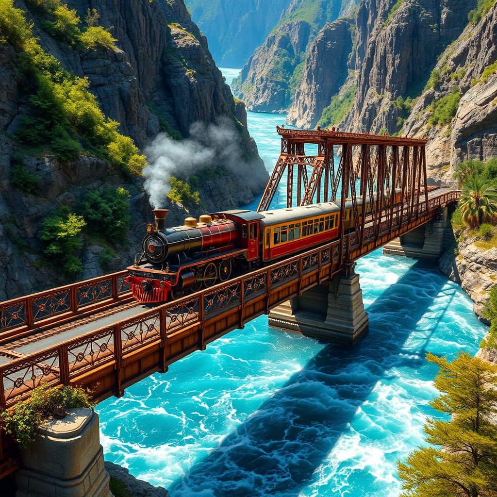 Vintage Train Crosses Majestic River Bridge in Opulent Style