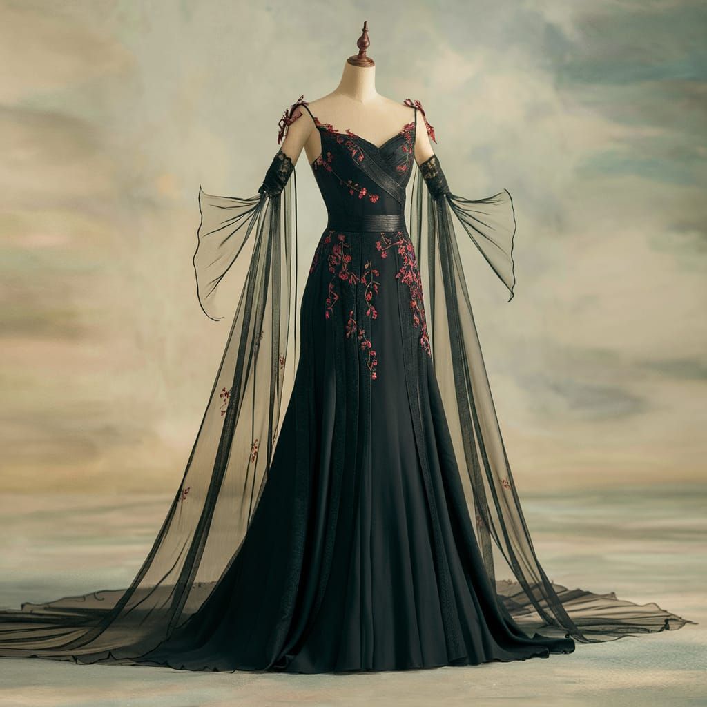 Fairytale Elvish Dress with Red Floral Embroidery