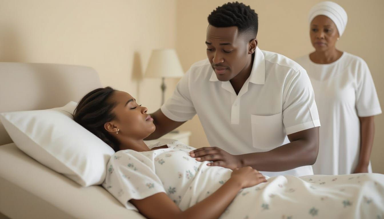 Dramatic Portrait of Worried Family in Cream Room