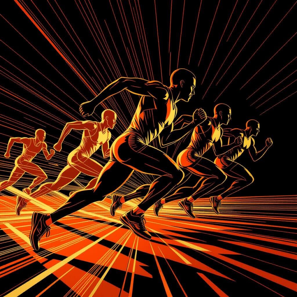 2d copper lines. Wide angle. A dynamic scene of athletes in ...