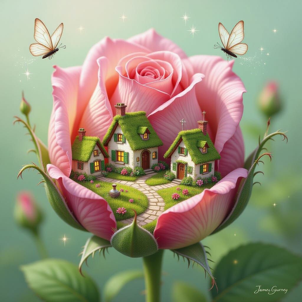 Whimsical Village Inside Giant Rose Bud Oil Painting