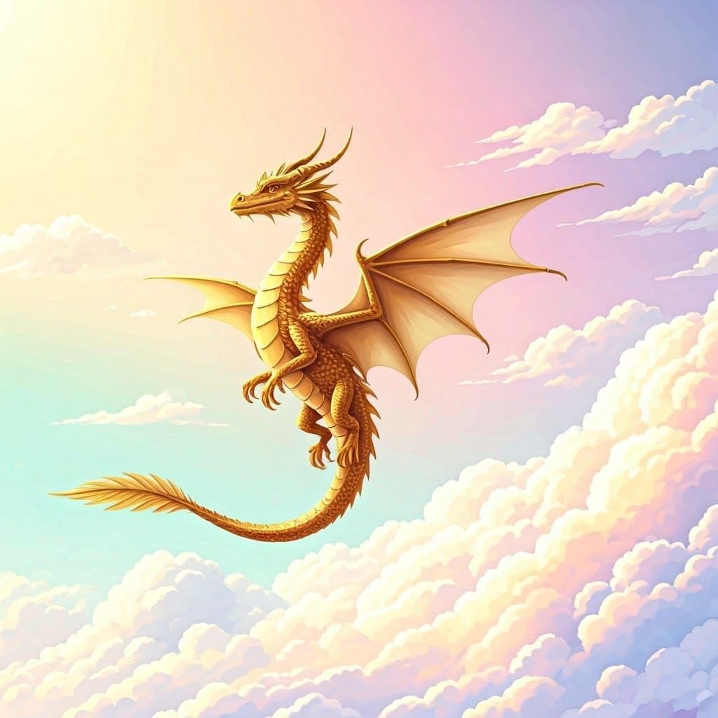 Golden Dragon Soaring in Dreamy Watercolor Style