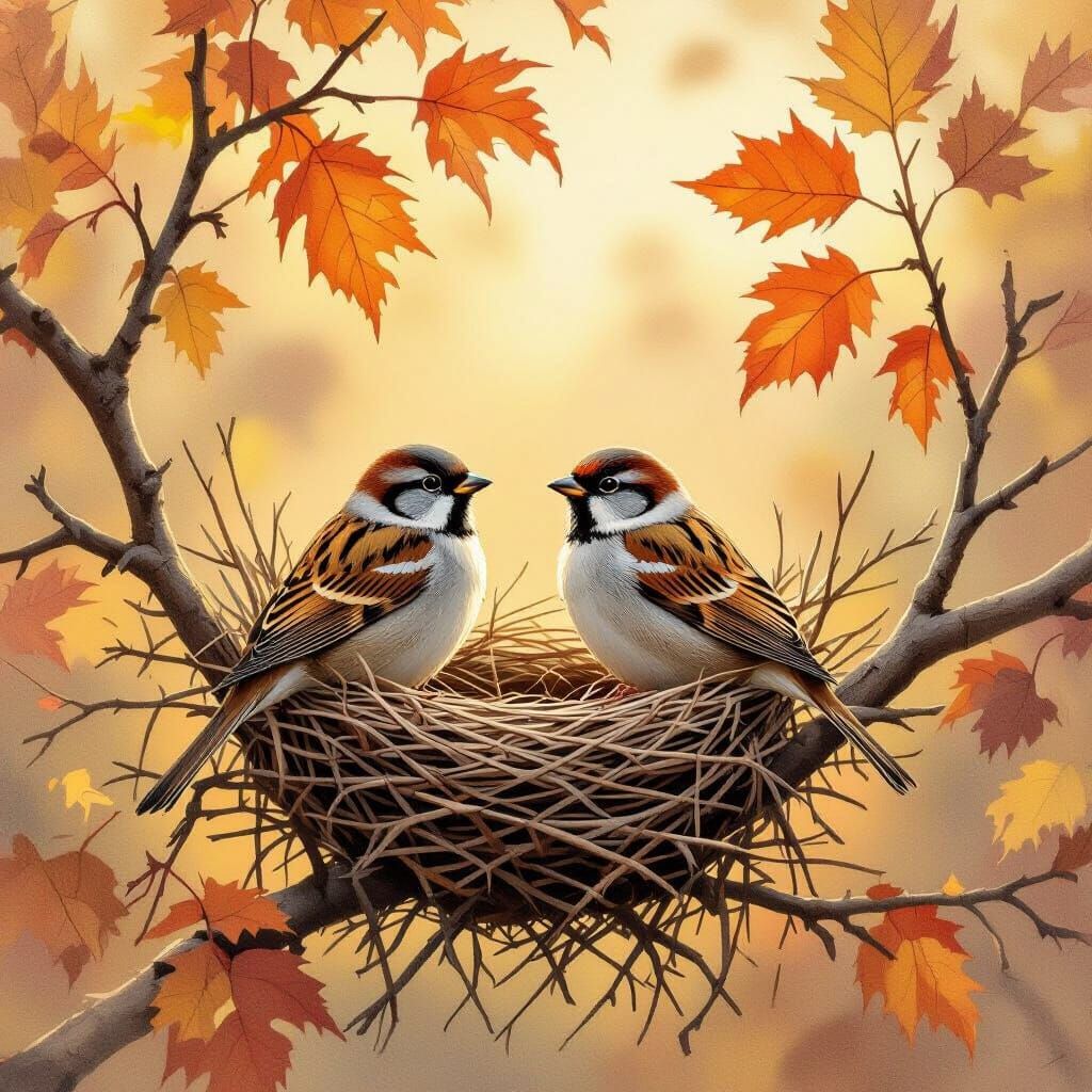 Sparrows in Autumn Nest, Audubon-Inspired Realism