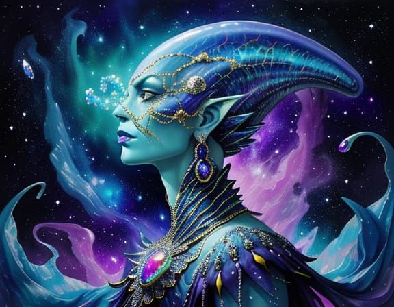 Opal Alien Dinosaur Portrait in Cosmic Surrealism