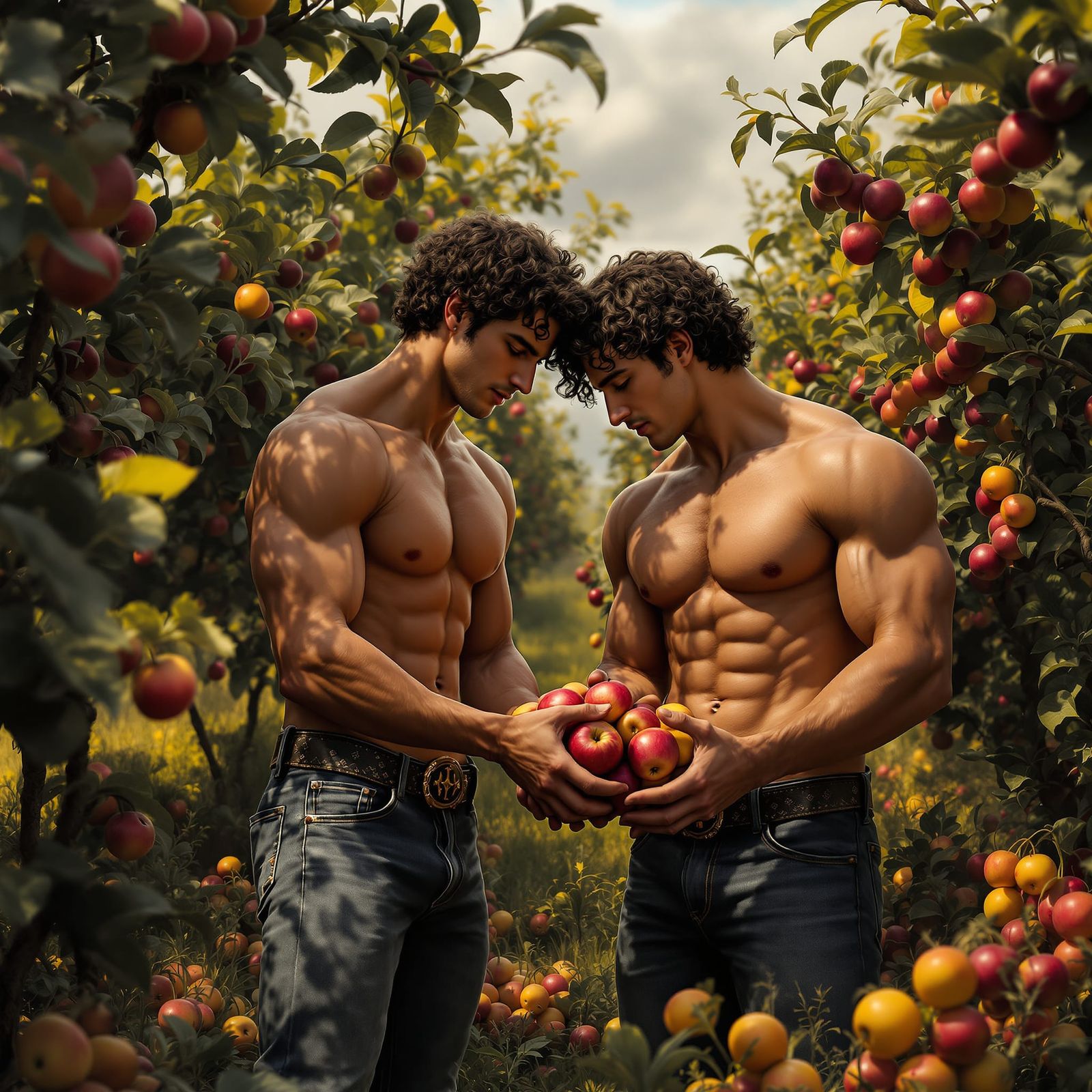 Italian Twin Men Gathering Apples in Orchard