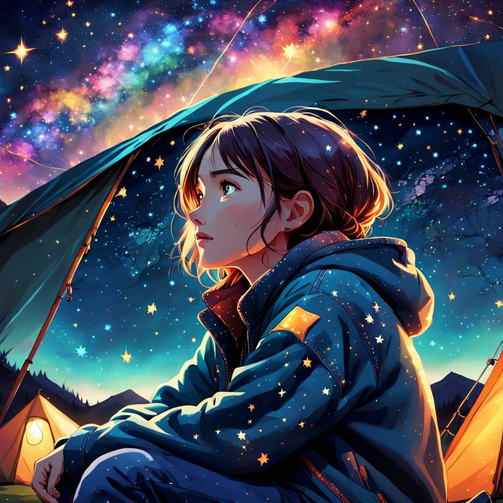 Anime Woman Stargazing in Tent at Night