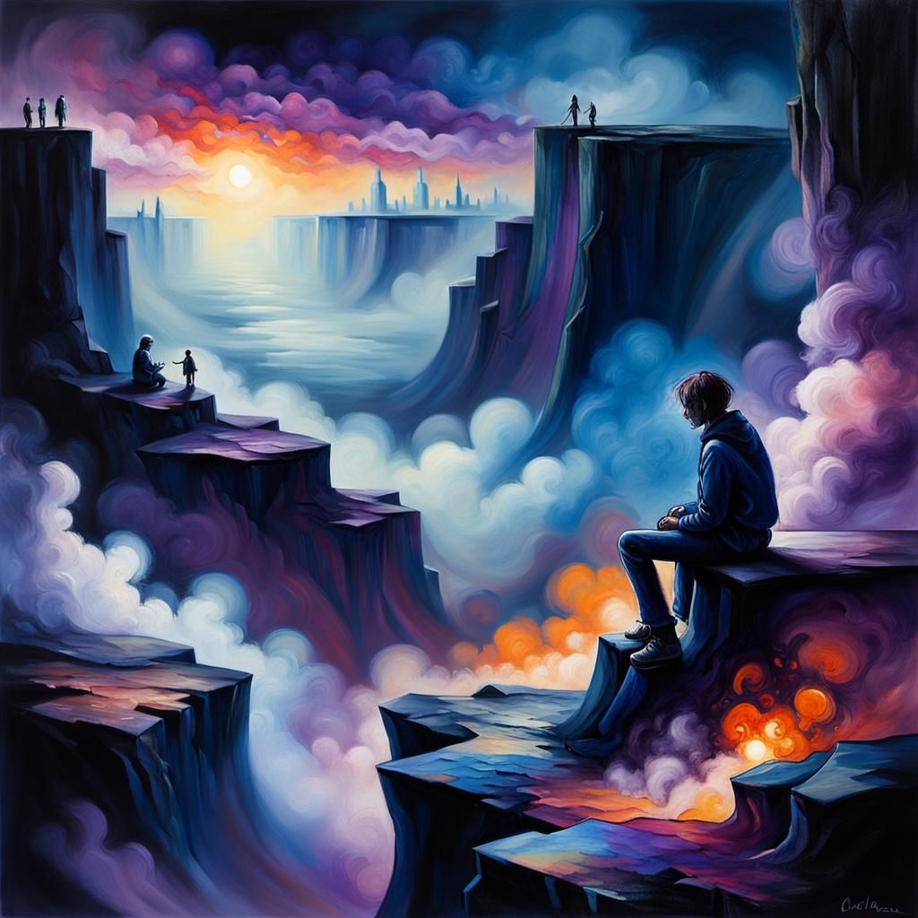 Cliffside Figure in Dark Surrealist Oil Painting