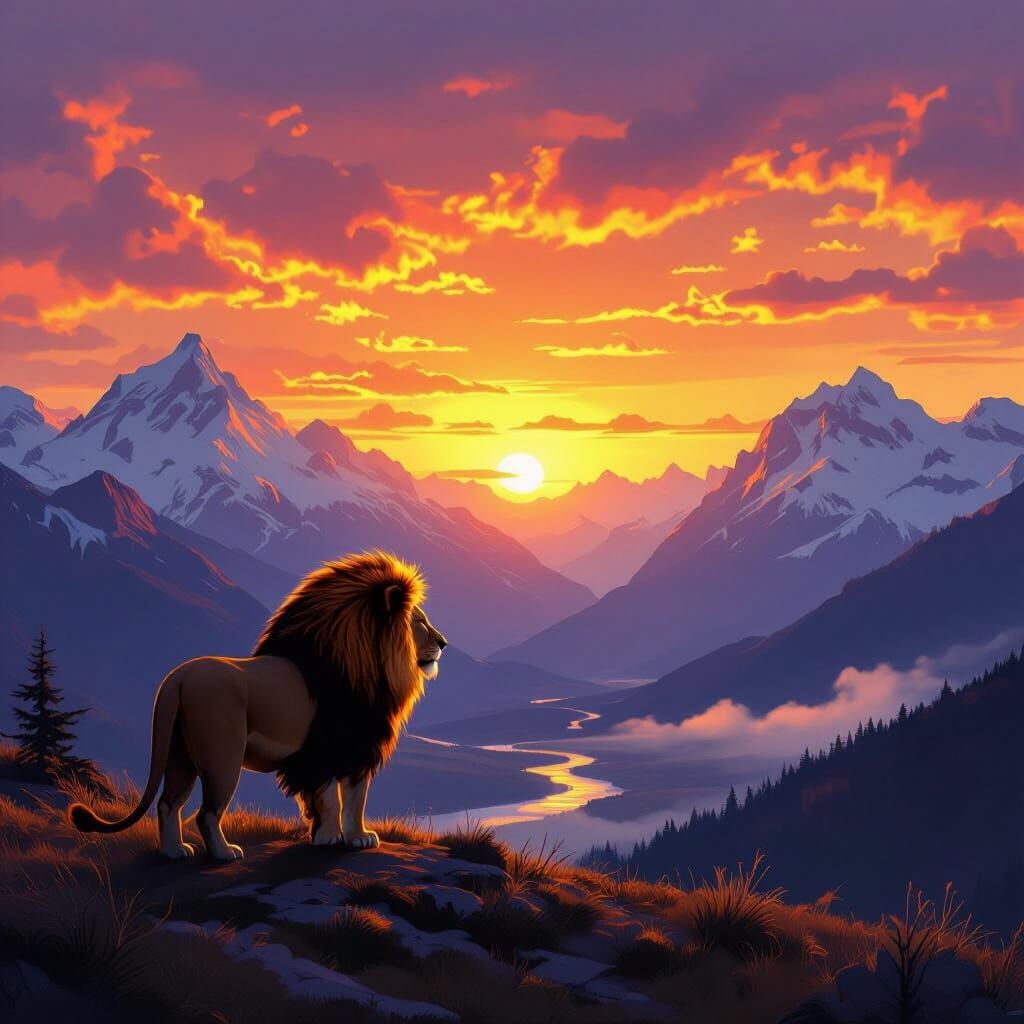 Majestic Lion Sunset Over Mountains in Romantic Hyperrealism...