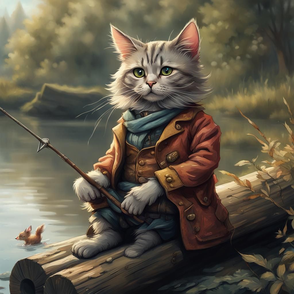Cat Fishing: Detailed Matte Painting in Fantasy Style